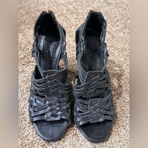 Tory Burch Tevray Huarache Black Strappy Leather Wedge Sandals - Size 6